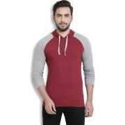 Solid Men Hooded Maroon, Grey T-Shirt