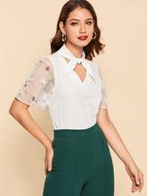 Tie Neck Contrast Embroidered Mesh Cuff Blouse