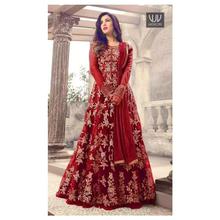 Designer Long Gown With Fancy Work Semistitched-Red