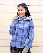 Melange White Check Hoodie With Woolen Attached Neck