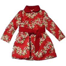 Red Floral Printed Long Coat For Girls