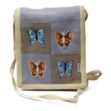 Purple/Brown Hemp Butterfly Embroidered Sling Bag For Women