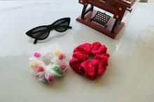 Pink dots and white net colorful silk net scrunchies hair tie - 2combo