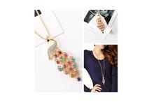 Gold Toned Colorful Long Peacock Pedant Necklace