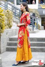 "Red printed kurti with yellow skirt"