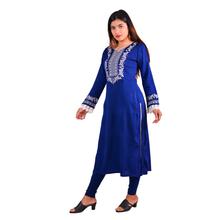 Paislei Navy Blue embroidered A-line Kurti with white flower embroidery For Women - AW-1920-51