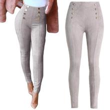 Anself High Waist Faux Suede Pants Women Winter Elastic Stretch Slim