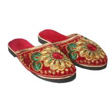 Maroon/Golden Floral Embroidered Flat Velvet Sandals For Women