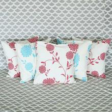 Set of 5 Dark Pink/Blue Printed 100% Cotton Cushion Cover - 18 x 18 cm