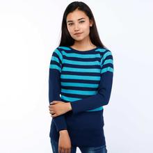 Navy/Sky Blue Ribbed Tuck Knit Stripe-Round Neck Sweater(LL-16-03)