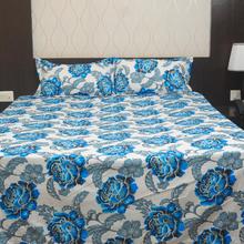 Rangoli Blue Flowers Grey Leaves On White Sheets Design Bedsheet With Free Pillow Covers