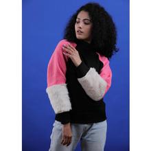 Black/Pink Dual Tone High Neck Sweatshirt With Fur For Women