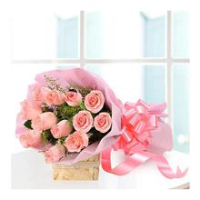 11Pink Roses With Pink Paper Packing Bouquet