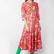 Bisesh Creation Red Green Rayon Printed Flared Umbrella Kurti for Women BC910