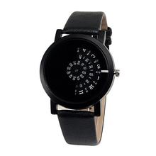 Turntable Leather Strap Unisex Wristwatch-  Black