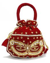 Red/Golden Embroidered Velvet Hand Pouch For Women