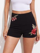 Embroidered Flower Applique Wide Waistband Shorts