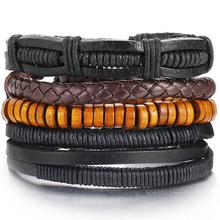 IF ME Wood Bead Male Multilayer Leather Bracelet Men Braided