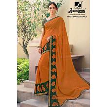 Laxmipati Pattern Design Printed Orange Georgette Designer Saree with attached Green Blouse piece for Casual, Party, Festival and Wedding