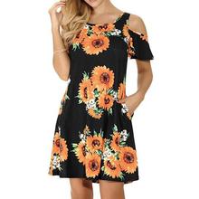 Women's Casual Off Shoulder Dress Short Sleeve Flower Print