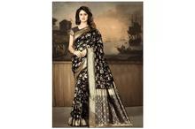 Floral Printed Saree With Unstitched Blouse For Women-Black/Golden