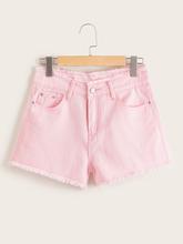 Button Waist Raw Hem Denim Shorts