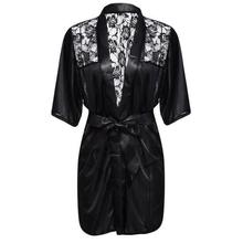 MUPLY New Hot Sexy Lingerie Plus Size Satin Lace Black Kimono Intimate Sleepwear Robe Sexy Night Gown Women Erotic Underwear