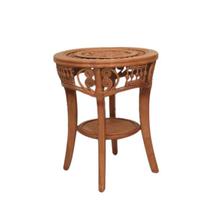 Brown Round Dragon Designed Glass Covered Wooden Side Table