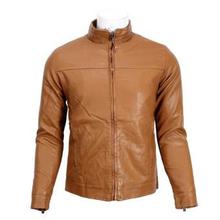 Light Brown Solid Zippered Leather Jacket