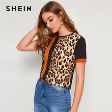 SHEIN Color Block Cut-and-Sew Leopard Panel Top Short Sleeve O-Neck Casual T Shirt Women 2019 Summer Leisure Ladies Tshirt Tops