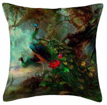 Set of 5 Jute Digital Printed Cushion Cover - Blue/Green Color with Peacock Picture