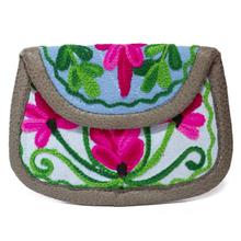 Sky Blue/Pink Leaf Embroidered Small Zip Purse For Women