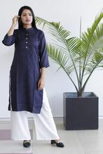 Navy Blue/white Solid Front Buttoned Designed Kurti