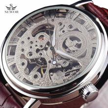 SEWOR Men Hollow Mechanical Skeleton Watch with Leather Strap - SILVER