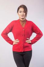 Red Knitted Buttoned Outer For Women