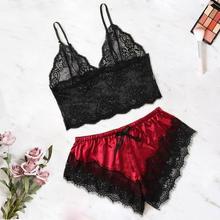 2Pcs Women Sexy Satin Lingerie Underwear Sets Babydoll