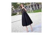 Chic Elegant Botanical Embroidery Length Flare Black Dress