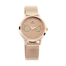 Titan Sparkle Beige Dial Rose Gold Mesh Strap Analog Multi Function Watch For Women - (2569WM04)