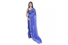 Embroidered Chiffon Saree with Unstitched Blouse For Women-Blue/Golden