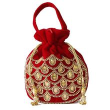 Maroon/Golden Stones Studded Pouch Bag For Women