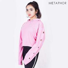 METAPHOR Baby Pink Eyelet Details Crop Hoodie For Women(Plus Size) - MH02AQ