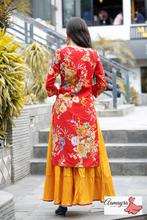 "Red printed kurti with yellow skirt"