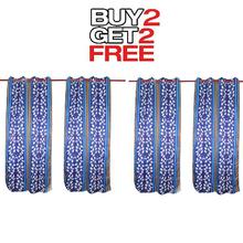 Curtains Buy 2 Get 2 Free [4pcs] [White Leaf Design] - Blue