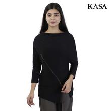 KASA Black Solid Zippered Top For Women