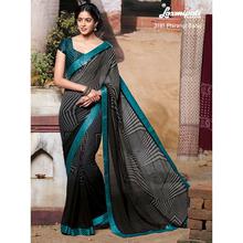 Laxmipati Geometric Design Printed Black, Cyan Georgette Designer Saree with attached Black Blouse piece for Casual, Party, Festival and Wedding