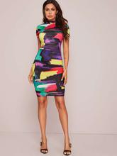 SHEIN Mock-neck Brush Stroke Print Bodycon Dress