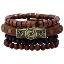 Fashion 4pcs/set Handmade Trendy Vintage Bracelets Female Homme Male Punk Wood Bead Charm Men Leather Bracelet For Women Jewelry