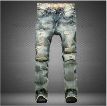 Men  denim jeans Straight pants blue pop slim Vintage patched  biker jean