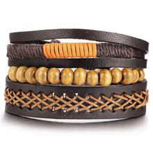 IF ME Wood Bead Male Multilayer Leather Bracelet Men Braided