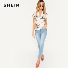 SHEIN Bohemian White V-cut Neck Dip Hem Floral Top Batwing